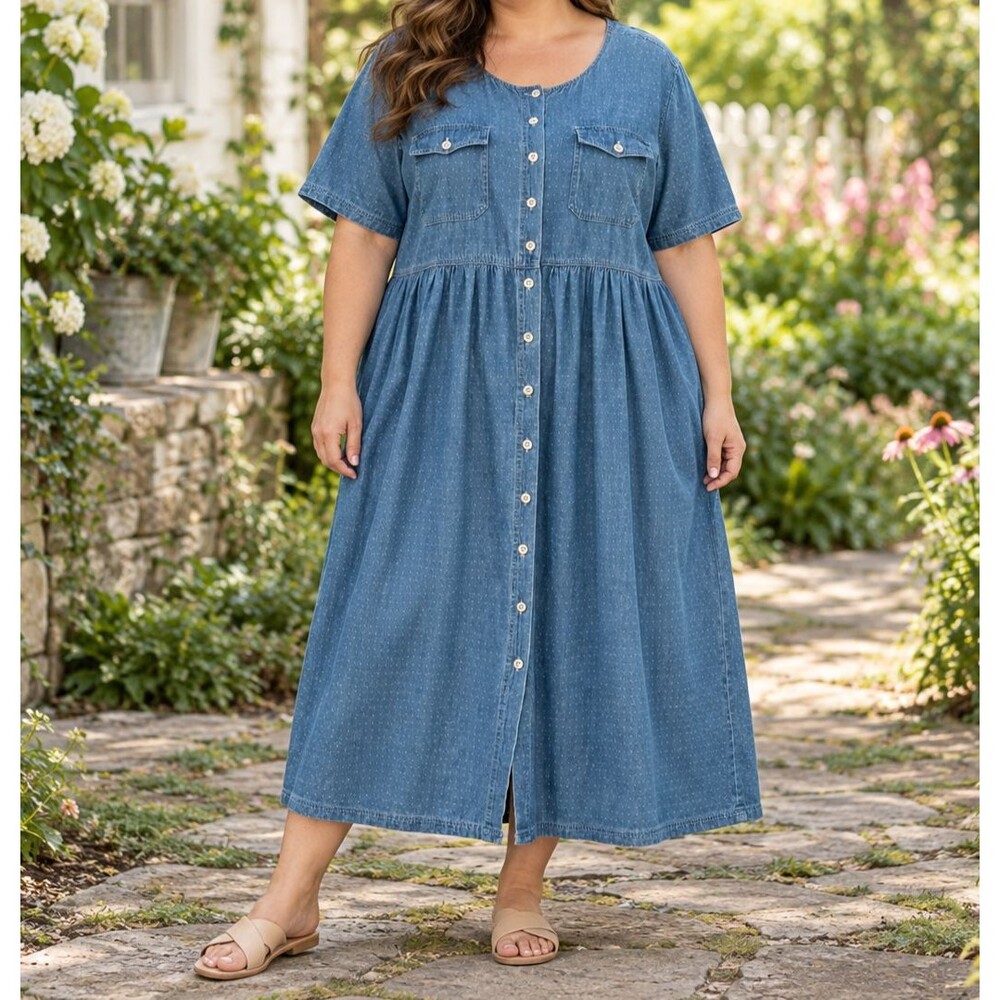 Erika II Casuals Dress Womens 2X Blue Denim Cotton Button Front Short Sleeve